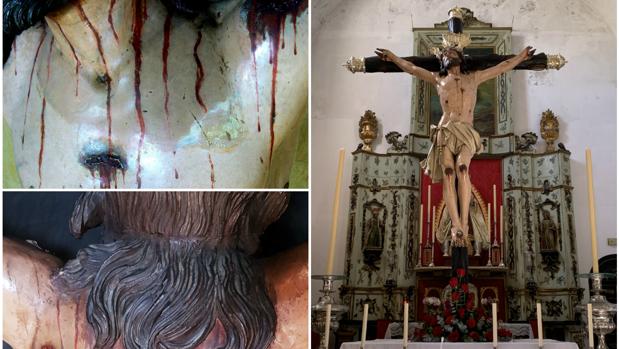 Detalles del pecho y de la espalda de la imagen y a la derecha, el Cristo ya restaurado
