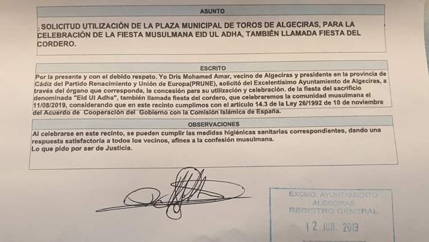 Imagen del escrito presentado por este partido en el Ayuntamiento de Algeciras.