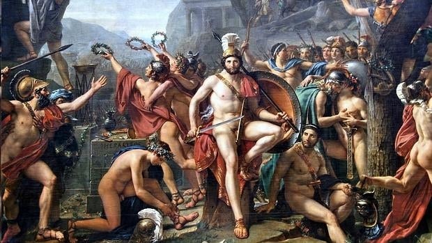La guerra organizada, una de las posibles causas. La escena que representa el cuadro, la Batalla de las Termópilas, es más tardía que el tiempo indicado por los investigadores