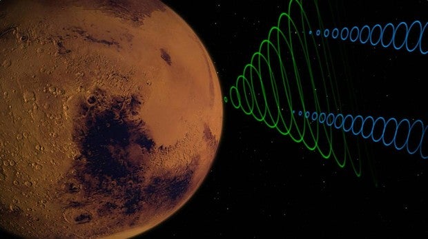 Recreación de las naves MarCO CubeSats transmitiendo datos del aterrizaje de InSight de la NASA ingrensando en la atmósfera de Marte