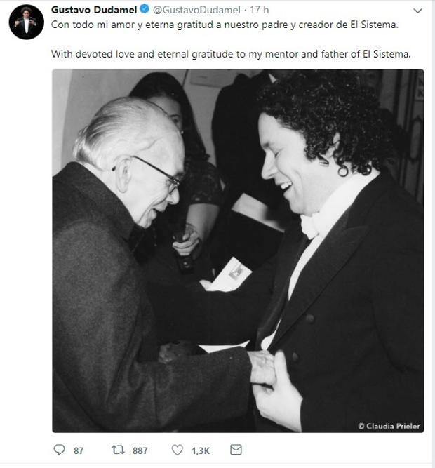 Gustavo Dudamel lamentó en Twitter la muerte de José Antonio Abreu