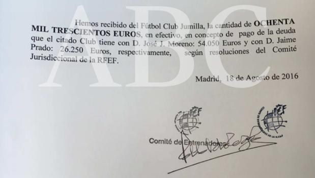 El documento que acredita el pago en metálico del Jumilla a la RFEF