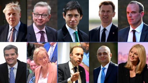De izquierda a derecha, en la fila superior: Boris Johnson, Michael Gove, Rory Stewart, Jeremy Hunt y Dominic Raab. En la fila de abajo: Mark Harper, Andrea Leadsom, Matt Hancock, Sajid Javid y Eshter McVey