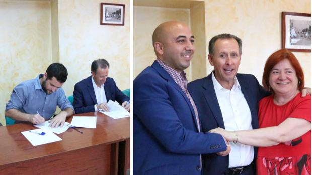 A la izquierda, Roberto Palmero y José María Román y a la derecha Adrián Sánchez, el candidato a la alcaldía y Cándida Verdier en el momento de rubricar los acuerdos.