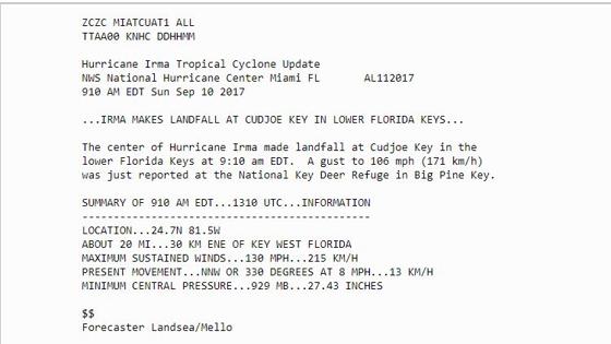 Comunicado del NHC informando de la llegada de Irma a Cudjoe Key
