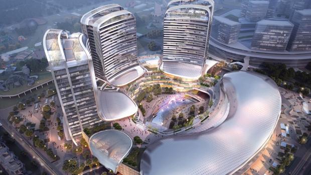 Vista aérea de Lionsgate Entertainment World en la isla de Hengqin en Zhuhai, China